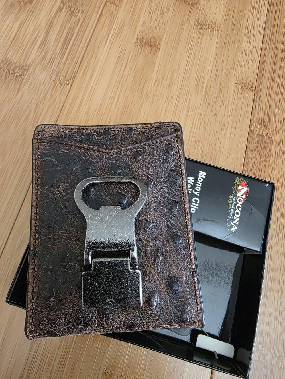 Nocona Brown Leather Money Clip Wallet with Metal Bottle Opener